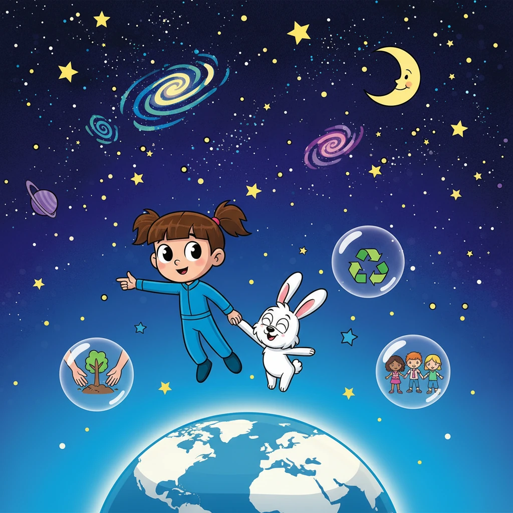 Antes de partir, Lili e Toto disseram: "Cuidar da Terra é cuidar de todos nós!". Voltaram para o espaço, felizes por saber que o Planeta Azul continuaria brilhando entre as estrelas, graças ao esforço de todos.