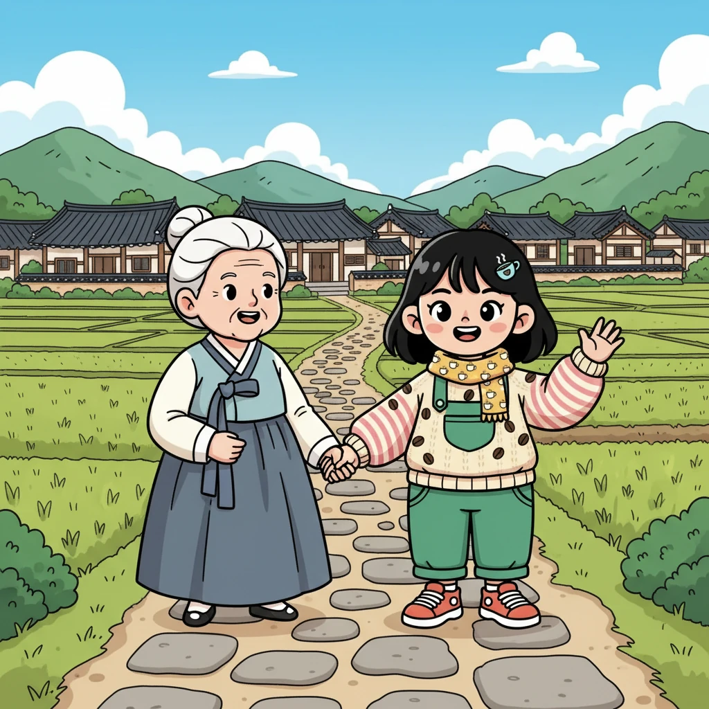어느 날, 수현이는 할머니에게 시골 마을에 있는 할아버지, 할머니 댁에 간다고 말했습니다. "어디 가세요, 얘?" 할머니가 물었습니다. 수현이는 설레는 마음으로 대답했습니다.
