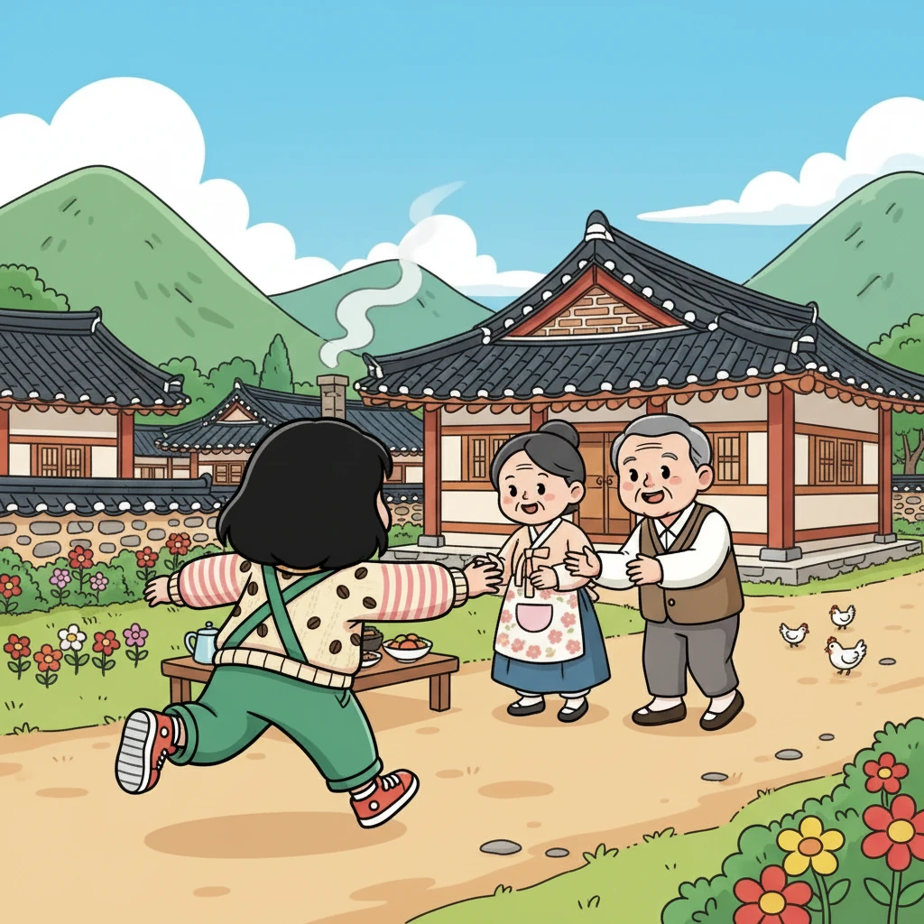 시골 마을에 도착한 수현이는 할아버지, 할머니의 따뜻한 환영을 받았습니다. 할머니는 수현이를 위해 맛있는 음식을 준비했고, 할아버지는 수현이에게 옛날이야기를 들려주었습니다.