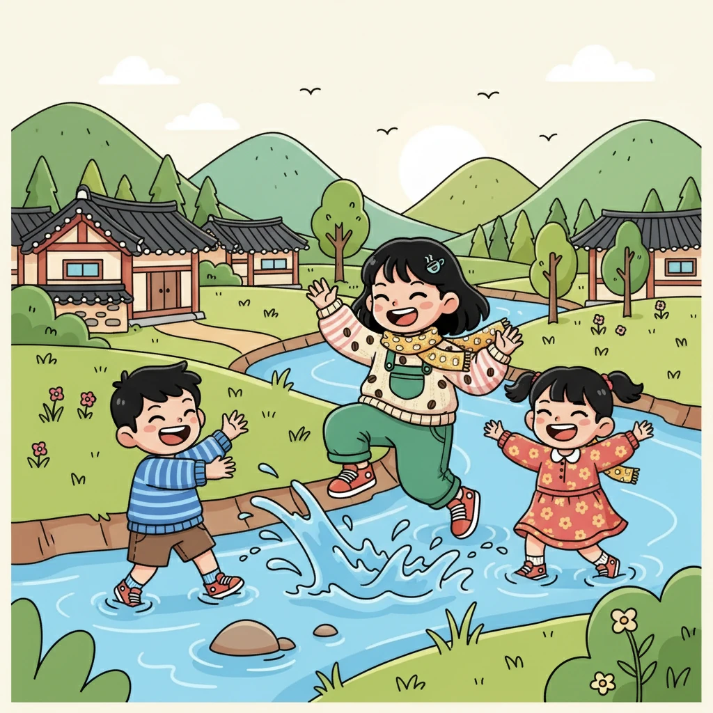 수현이는 시골 마을에서 새로운 친구들을 만났습니다. 함께 숲에서 놀고, 강가에서 물장구를 치며 즐거운 시간을 보냈습니다. 수현이는 외로움을 잊고 행복해졌습니다.