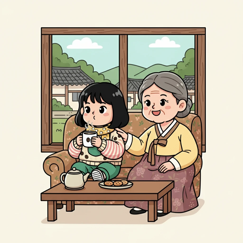 수현이는 할머니에게 시골 마을에서 만난 친구들에 대해 이야기했습니다. 할머니는 수현이의 이야기를 들으며 미소를 지었습니다. 수현이는 할머니의 커피를 마시며 행복을 느꼈습니다.
