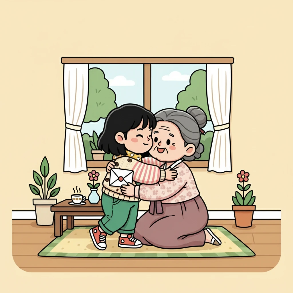 수현이는 할머니에게 감사의 마음을 담아 편지를 썼습니다. "할머니, 항상 제 곁에 있어주셔서 감사해요!" 수현이는 편지를 할머니에게 건넸습니다. 할머니는 수현이를 꼭 껴안았습니다.