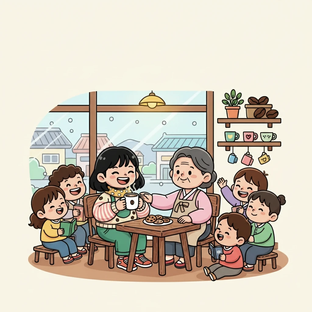수현이는 매일 할머니의 커피 집을 찾았습니다. 수현이는 할머니의 따뜻한 커피를 마시며 행복한 미소를 지었습니다. 이제 수현이는 혼자가 아니었습니다. 할머니와 함께, 그리고 소중한 친구들과 함께였습니다.