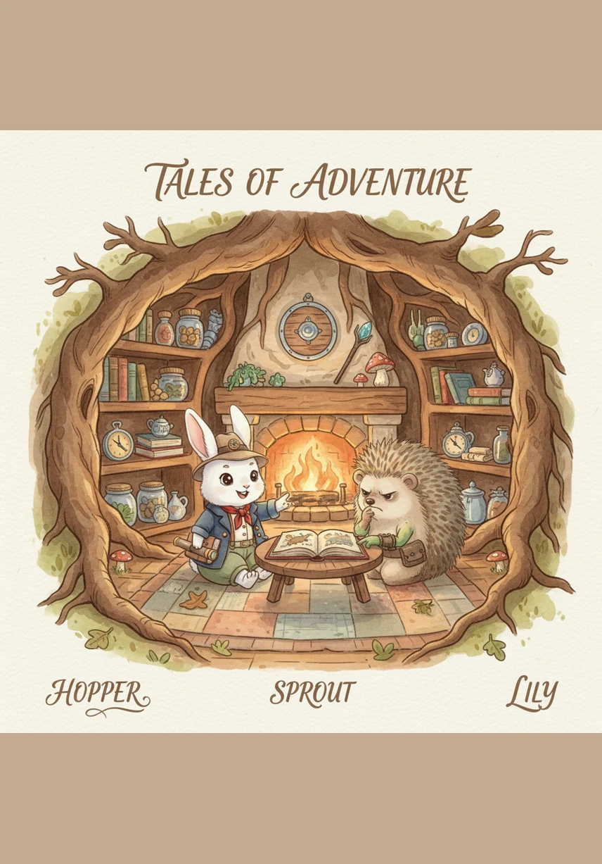 In a cozy burrow tucked beneath the roots of a giant oak tree, Hopper the rabbit huddles under his patchwork blanket. Outside, the sun is setting and the stars begin to twinkle, making Hopper whisper to his teddy bear about how scary the dark can be.