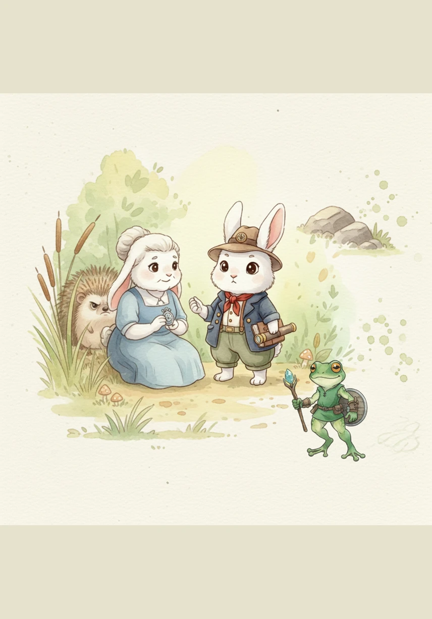 Hopper’s mom kneels beside him and hands him a beautiful lantern filled with glowing, dancing fireflies. She tells him that the meadow needs a hero tonight and asks him to fetch sparkling moonberries from the Whispering Woods for a special pie.