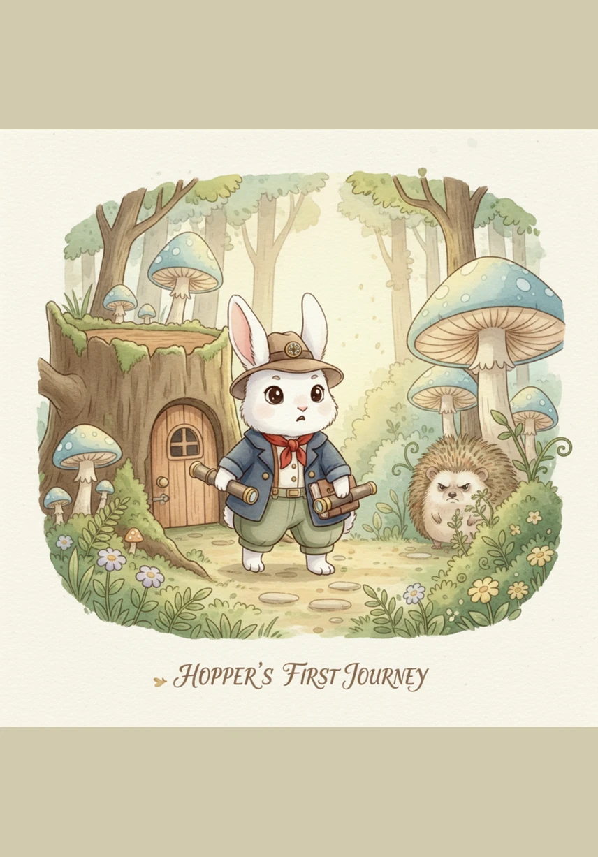 With a deep breath and his long ears twitching, Hopper hops out of his warm home into the cool purple twilight. The meadow looks different at night, but his little lantern casts a brave, golden circle of light around his soft white paws.