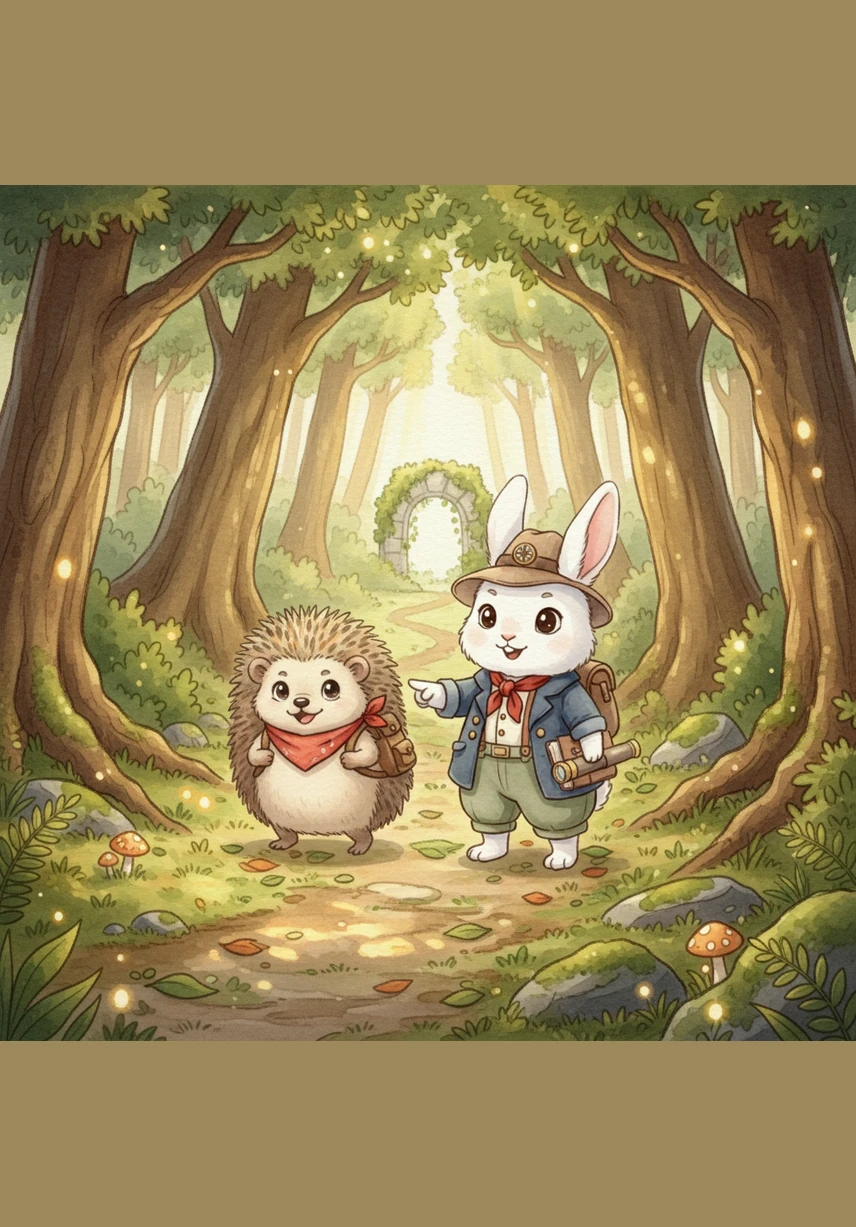 Spike the hedgehog smiles and decides to join the adventure, trekking deeper into the forest alongside Hopper. The shadows of the tall trees dance in the lantern light, but Hopper feels much stronger now that he has a friend by his side.