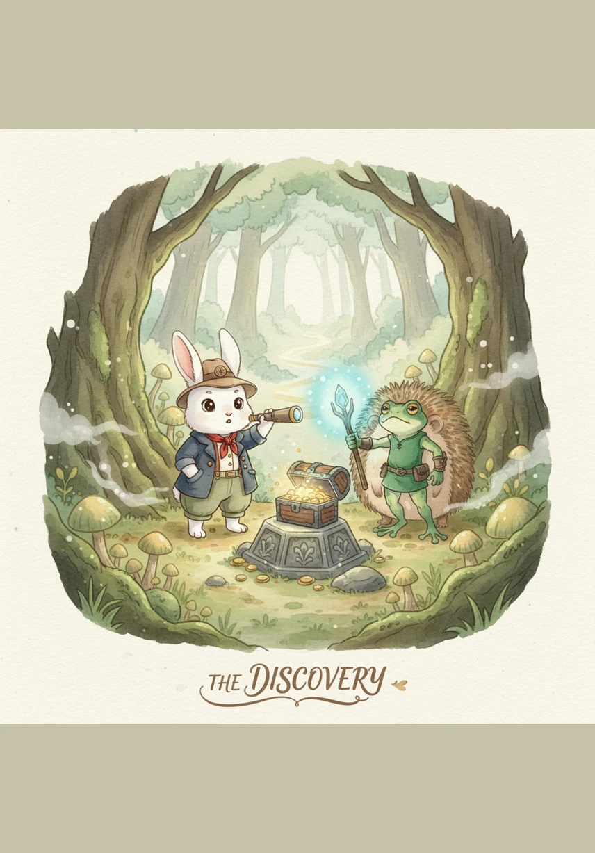 The trio finally reaches a hidden clearing where the moonberry bush glows with a soft, magical light. The plump berries look like tiny blue jewels hanging from silver branches, sparkling brightly under the silver moon.