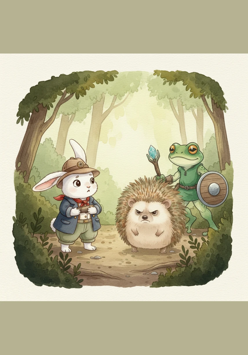 Suddenly, a sleek fox with clever eyes and a bushy tail emerges from the dark bushes, making the group freeze in fear. Instead of running away, Hopper stands tall and brave, protecting his friends and the basket of precious berries.