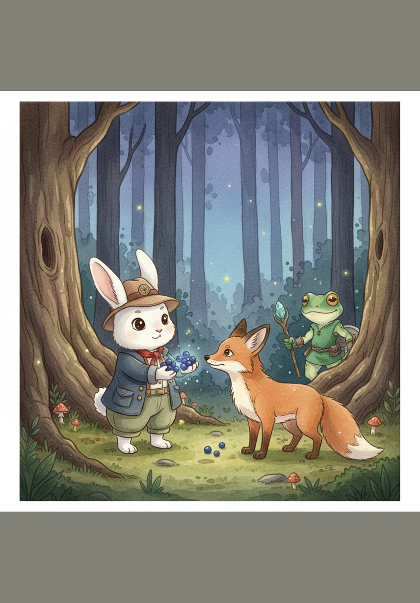 Hopper kindly offers the fox a handful of the sweet moonberries, surprising the forest creature with his unexpected generosity. The fox realizes Hopper is a friend, takes a small snack, and disappears quietly back into the deep woods.