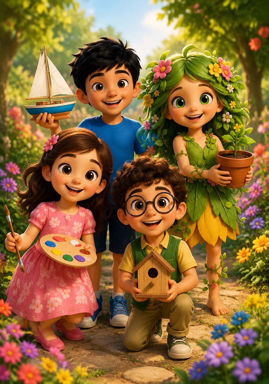 In a bright and sunny garden, four best friends named Sara, Ali, Leila, and Mahmoud stand together with big smiles. Each child has a special gift that makes them unique, and they love playing together under the warm sun surrounded by colorful flowers.