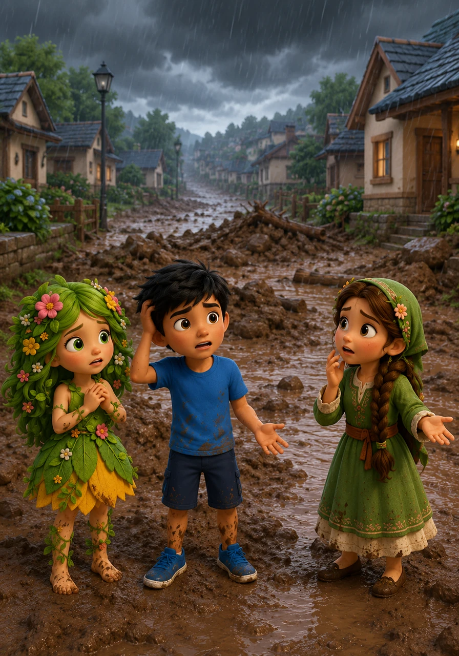One afternoon, the village faces a big problem when a heavy rainstorm causes a thick layer of mud to block the main road. The villagers are worried because they cannot get through the messy path to reach their homes or the market.