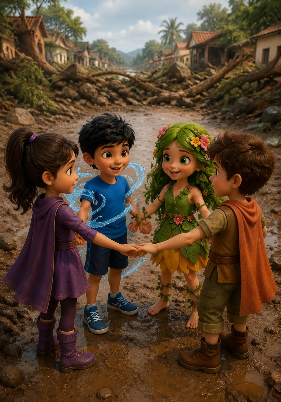 The four friends meet at the edge of the muddy road and realize that the task is too big for just one person to handle alone. They hold hands and decide to combine their unique powers to clear the path and help their community.