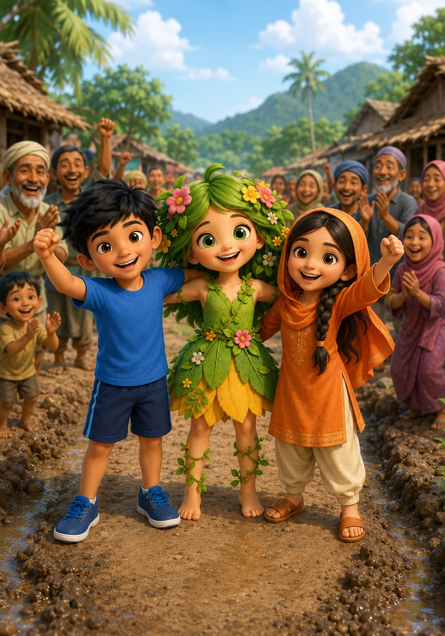 Working together as a perfect team, the friends successfully clear the mud and open a safe passage for everyone to use. The villagers cheer and thank the children, realizing that their combined strengths saved the day.