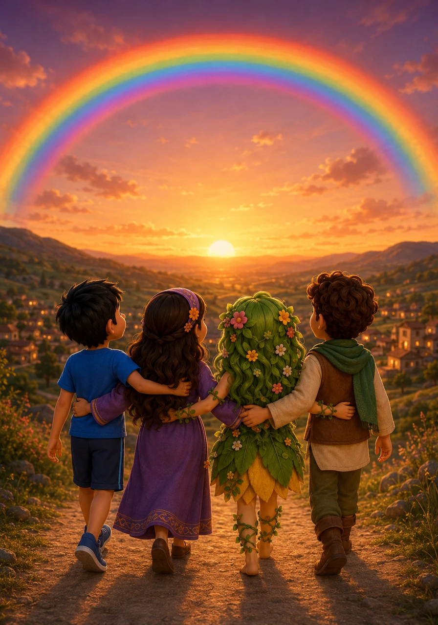 As the sun sets, a vibrant rainbow appears in the sky, reflecting the beautiful diversity and different colors of the four friends. They head home happily, knowing that while they are all different, their united hearts are their greatest strength.