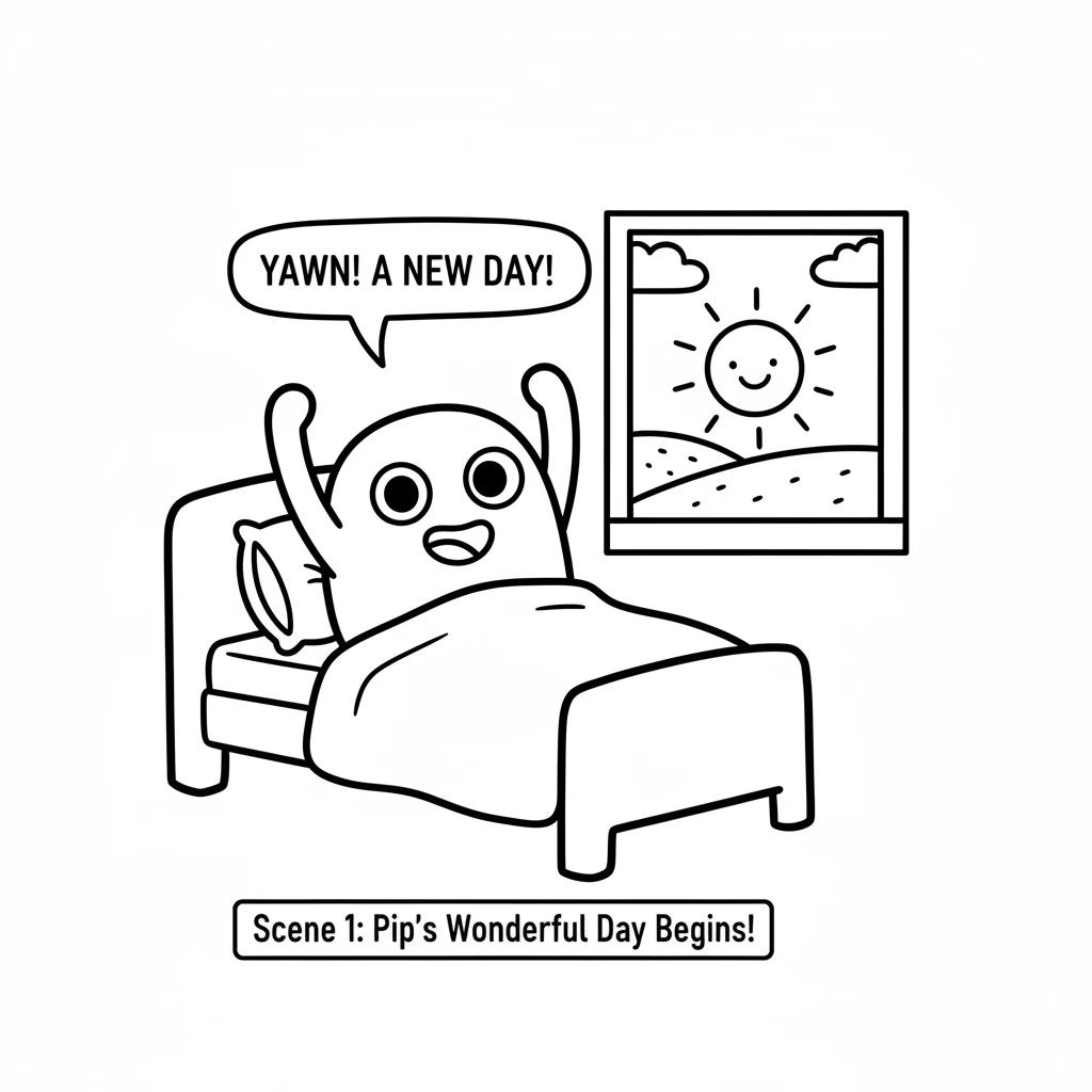 Pip, a small, round blue creature, woke up in her cozy bed. She stretched her little arms and smiled, ready for a wonderful day. A simple sun peeked f
