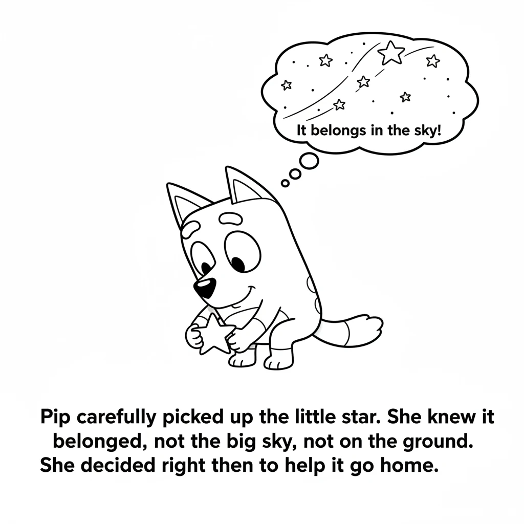 Pip carefully picked up the little star. She knew it belonged in the big sky, not on the ground. She decided right then to help it go home.