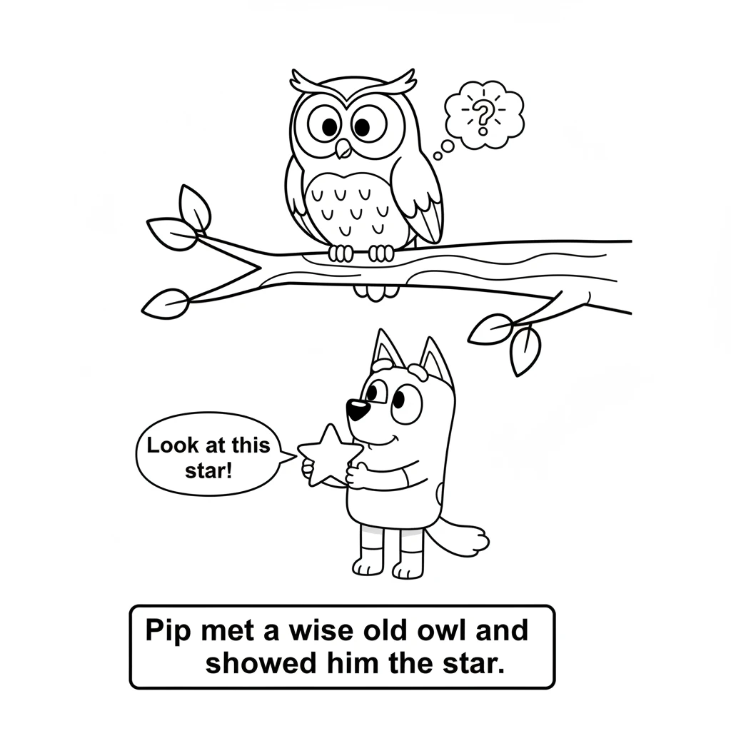 On her way, Pip met a wise old owl sitting on a branch. The owl had big, round eyes and a thoughtful look. Pip showed the owl the star.