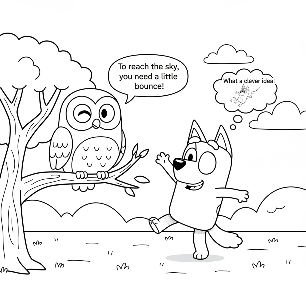 The owl blinked slowly and suggested, "To reach the sky, you need a little bounce!" Pip thought this was a very clever idea.