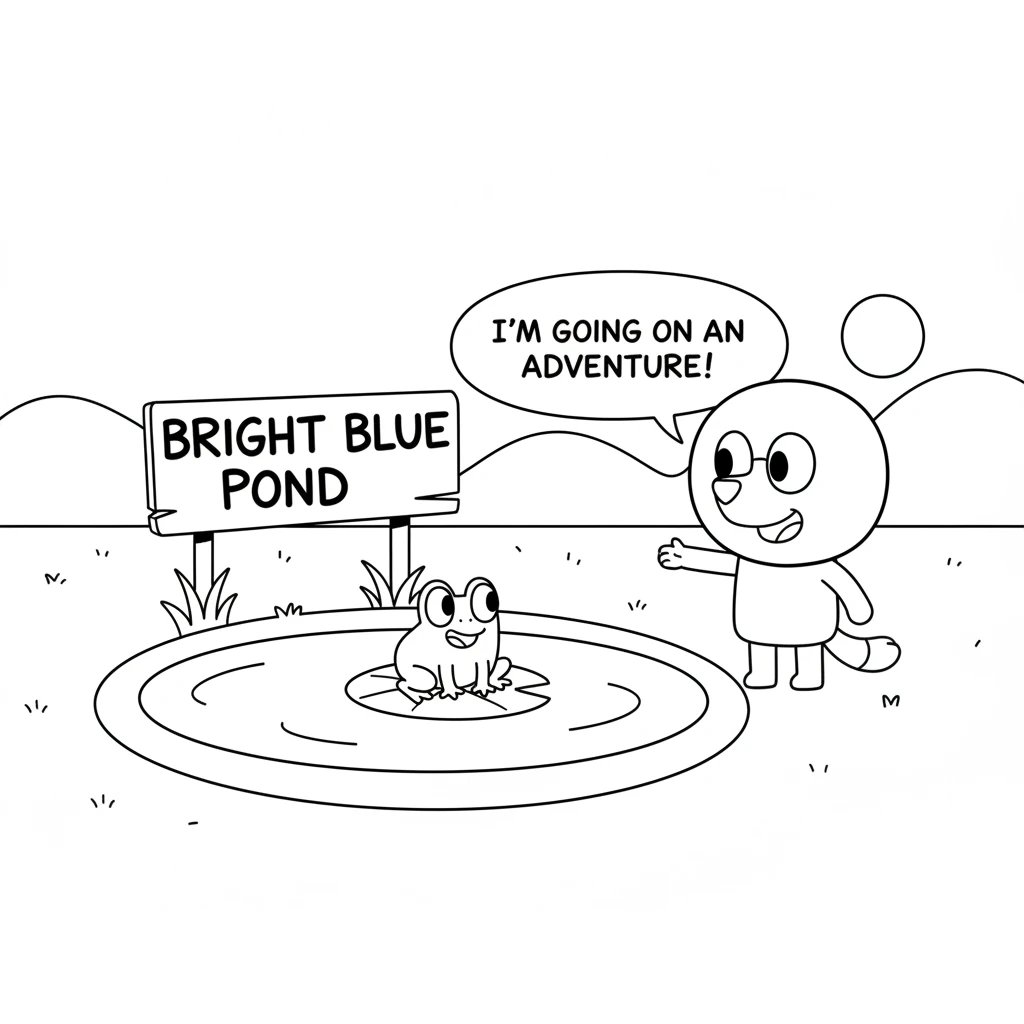 Pip continued her journey until she came to a bright blue pond. A friendly frog with a wide smile sat on a lily pad. Pip shared her plan.