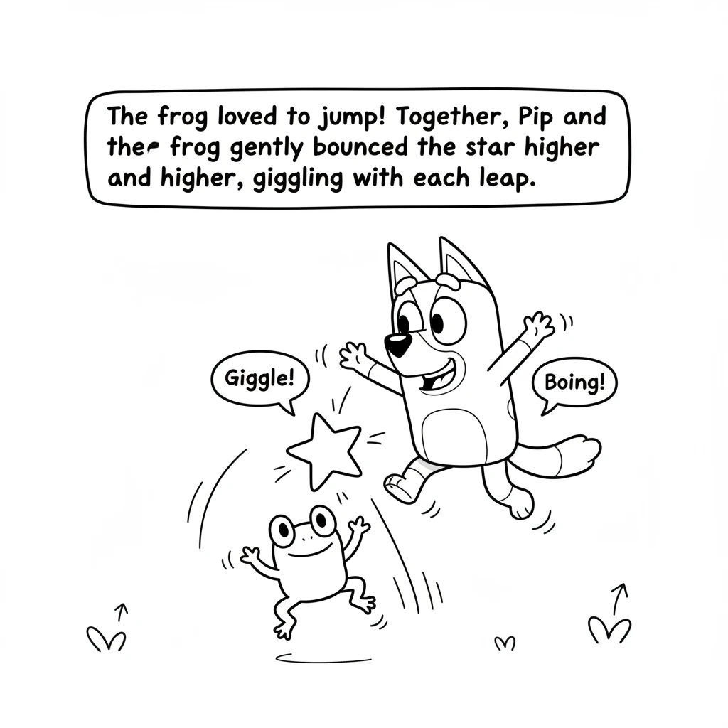 The frog loved to jump! Together, Pip and the frog gently bounced the star higher and higher, giggling with each leap. The star floated a little bit u