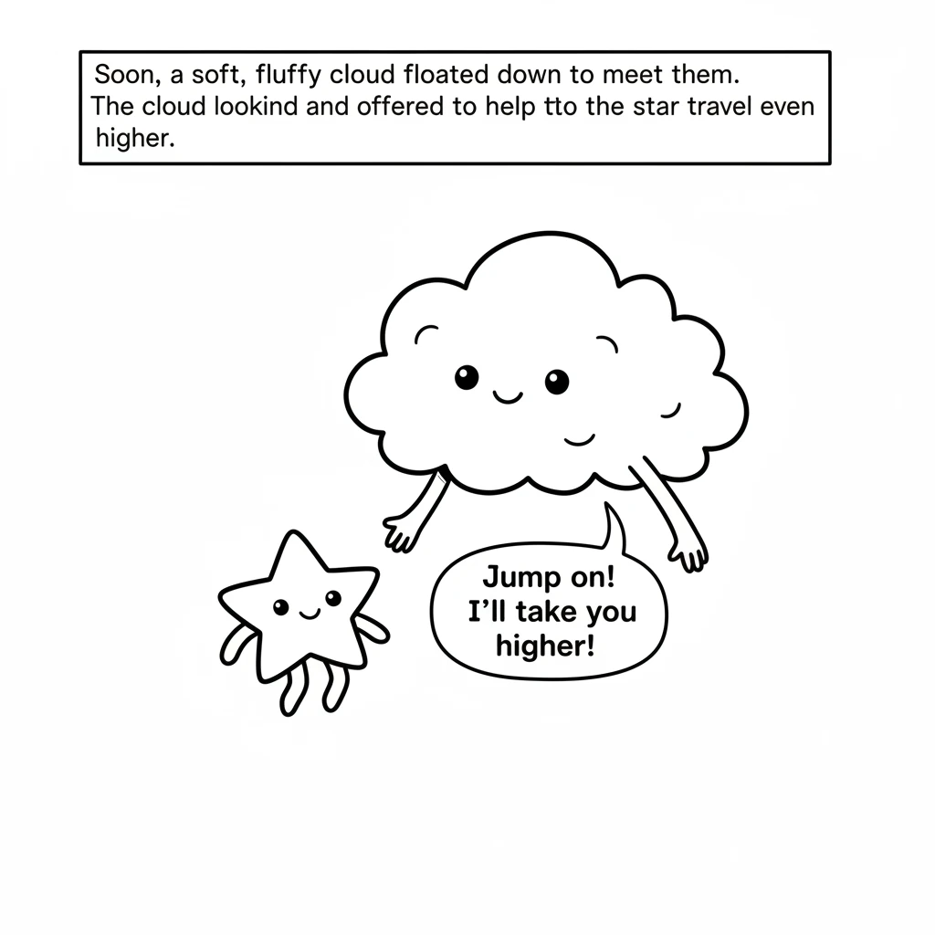 Soon, a soft, fluffy cloud floated down to meet them. The cloud looked kind and offered to help the star travel even higher.