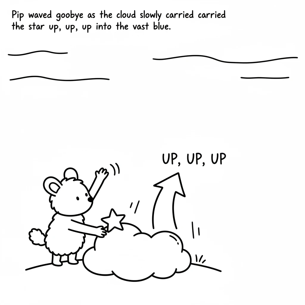 Pip carefully placed the little star onto the cloud. She waved goodbye as the cloud slowly carried the star up, up, up into the vast blue.