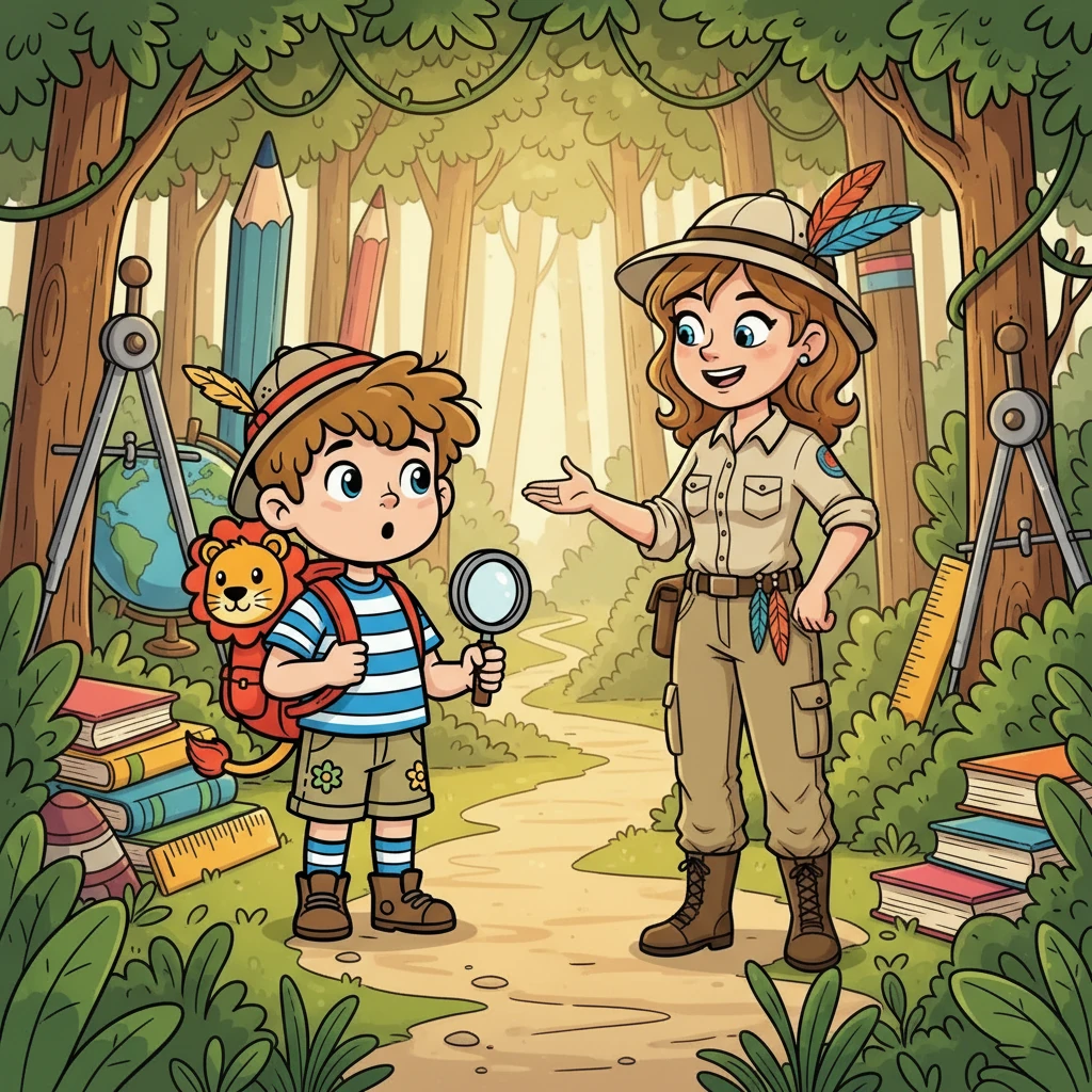 Dans la jungle scolaire, une femme souriante l'attendait. C'était Madame Plume, une guide d'exploration, qui connaissait tous les chemins et secrets de la forêt. Elle lui sourit et lui dit : « Bienvenue, jeune explorateur ! Prêt pour de nouvelles découvertes ? »