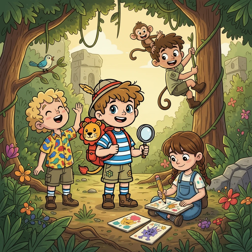 Max rencontra les autres explorateurs : Léo, qui chantait comme un oiseau rare, Zoé, qui dessinait des animaux incroyables, et Sam, qui grimpait aux arbres comme un singe agile. Chacun avait une qualité spéciale, et ensemble, ils formaient une tribu formidable.