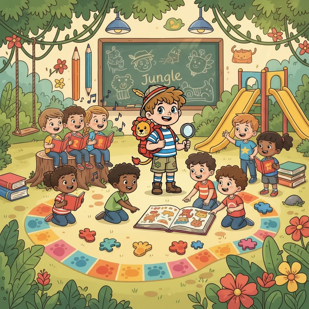 La journée fut remplie d'aventures : ils chantèrent des chansons joyeuses, apprirent des choses fascinantes et jouèrent à des jeux amusants. Max, entouré de ses nouveaux amis, se sentait heureux et courageux. La jungle scolaire était un endroit merveilleux.