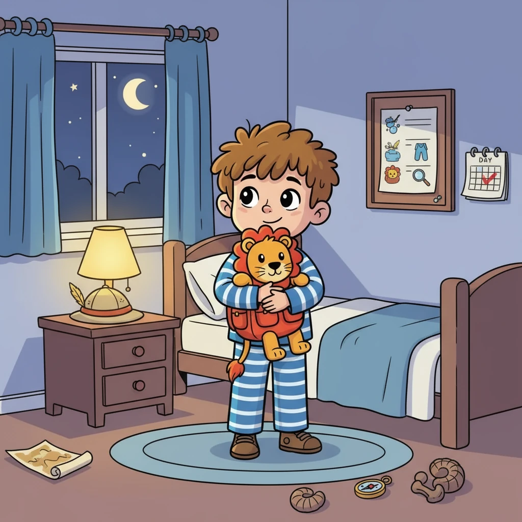 Le soir venu, Max rentra chez lui, fier de son exploration. Il avait découvert un nouveau monde, rempli d'amis et de merveilles. Il fit sa check-list du petit explorateur : lavé, habillé, sac et doudou, et se promit de revenir le lendemain pour une nouvelle aventure !