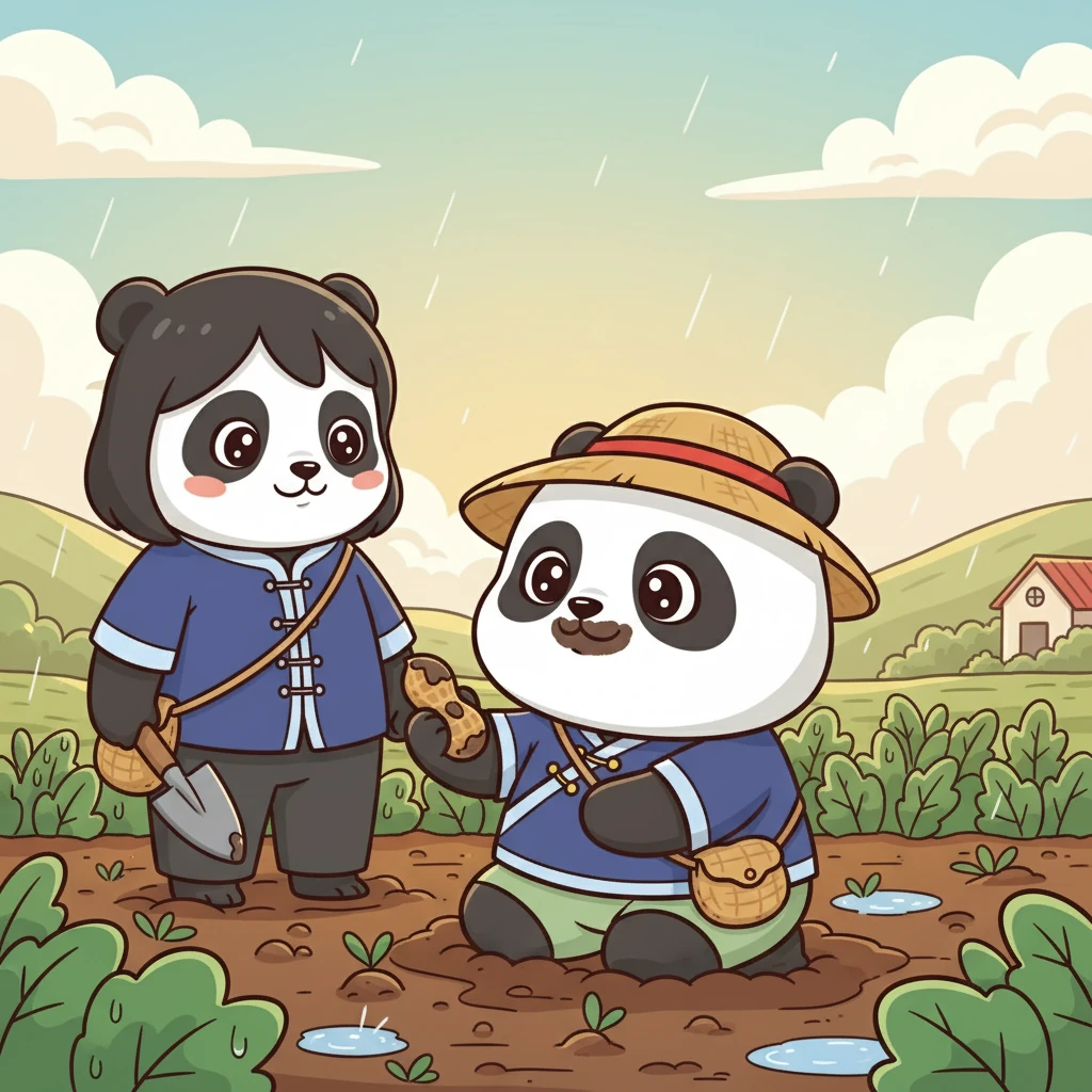 春雨过后，阳光洒在菜地上。朵朵捧着一颗穿着土黄色“小外套”的花生种子，好奇地歪着头，鼻尖沾满了泥土。妈妈拿着小铲子，笑眯眯地站在旁边。