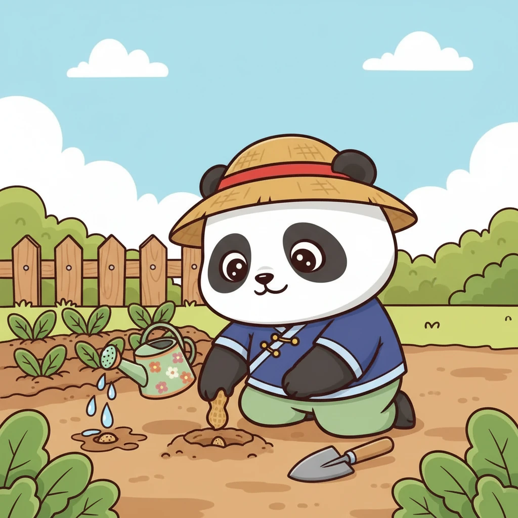 妈妈在菜地里挖了一个小小的坑。朵朵小心翼翼地把花生种子放进去，盖上土，然后轻轻地浇水。水珠落在泥土上，留下湿润的痕迹。