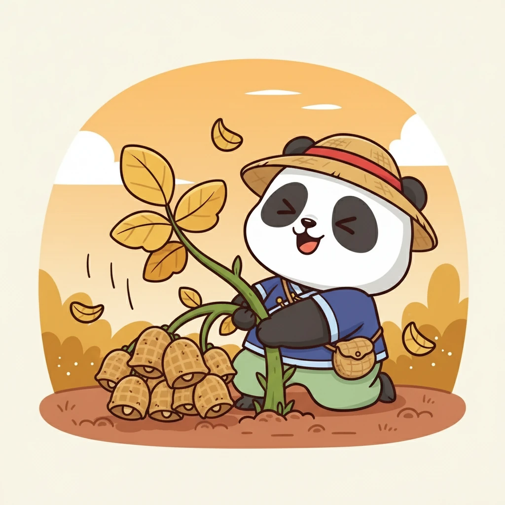 秋天，花生叶子变黄，纷纷飘落。妈妈说：“可以挖花生啦！”朵朵挖开泥土，拔出藤蔓，下面挂着一串串饱满的花生，像褐色的小铃铛。