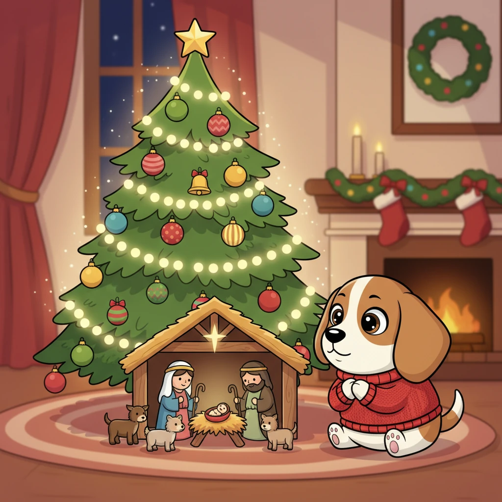 At the beginning of December, Tara’s cozy house sparkled with festive lights. The Christmas tree twinkled with ornaments that made a gentle jingle, and the nativity scene rested peacefully. Tara, a sweet and slightly greedy little Beagle, watched it all with wide, curious eyes.