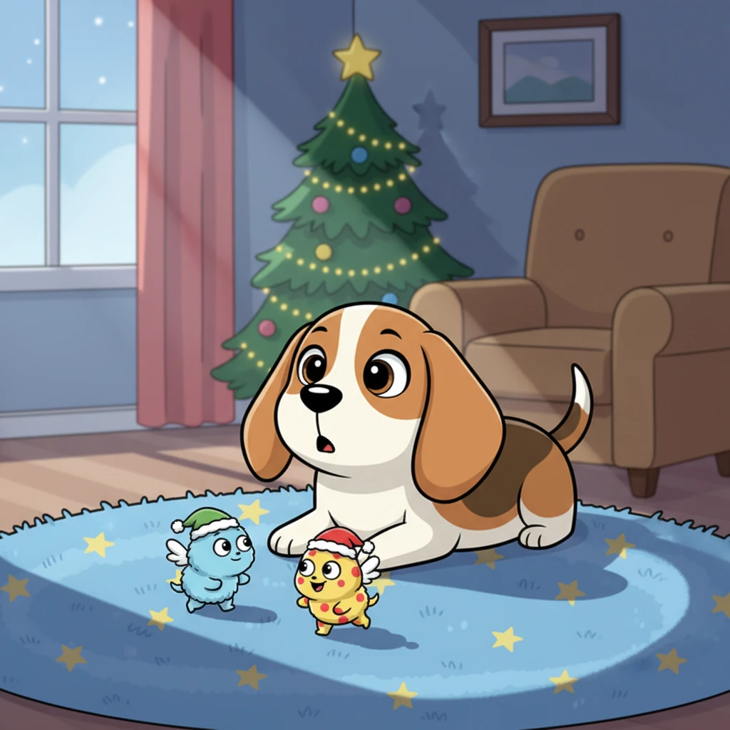 One quiet night, as everyone in the house slept soundly, a soft "CRAC CRAC!" broke the silence. Tara's ears perked up, and her eyes popped open. She spotted two tiny, mischievous figures tiptoeing across the living room carpet, no bigger than her paw.