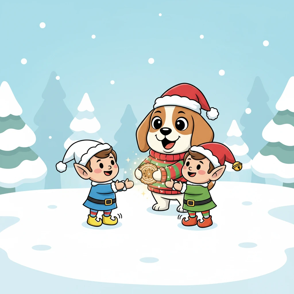 These were two funny little elves, wearing bright pointy hats and shoes that made a silly "squeak squeak" sound with every step. One, named Flocon, had a snowy white hat, and the other, Grelot, wore a jingling red one. They smiled at Tara and held out a shimmering, magical biscuit.