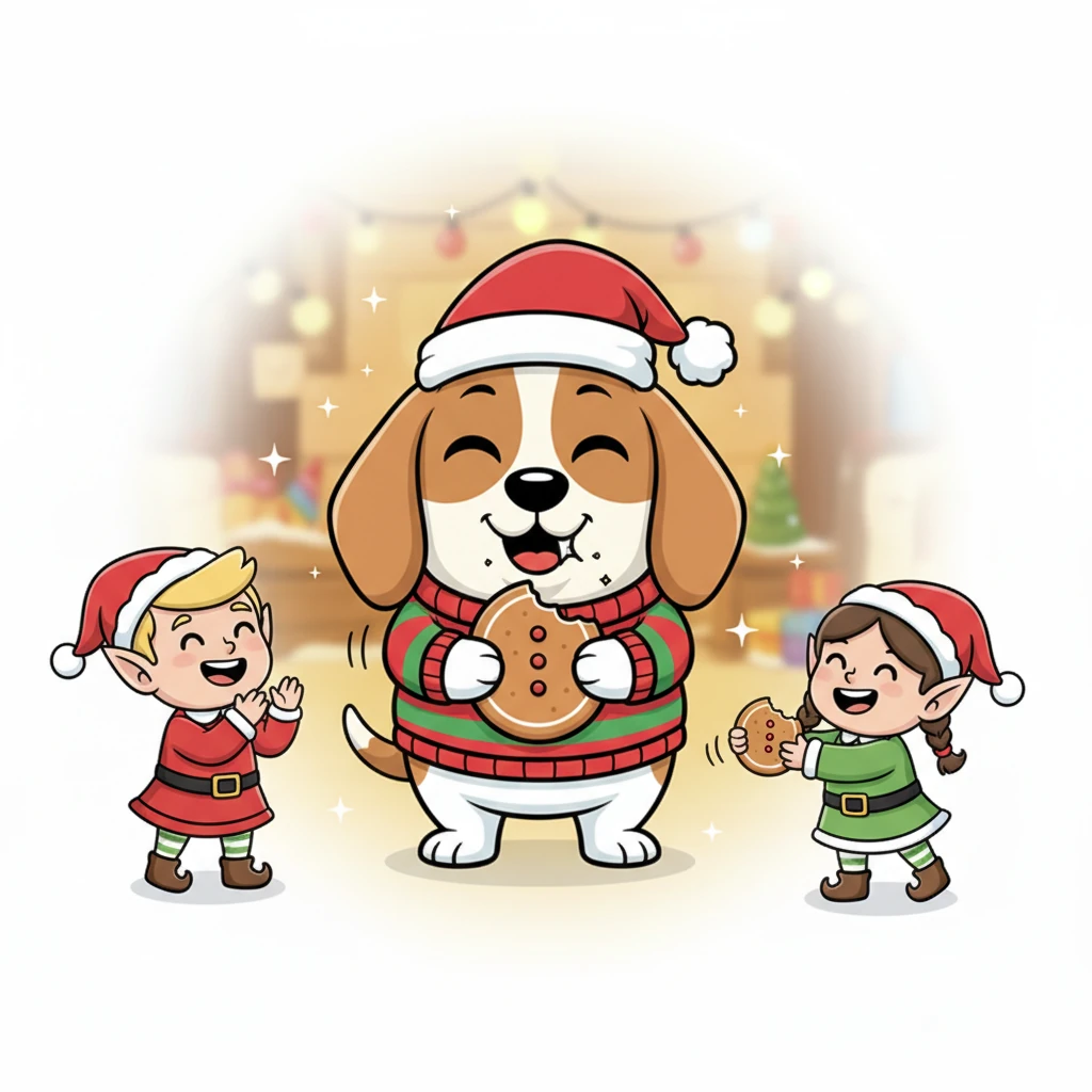 Tara, always eager for a tasty treat, carefully took the special biscuit in her mouth. Miam! She crunched it with delight, feeling a warm, happy tingle spread through her. From that very moment, a wonderful and unexpected friendship began between the playful elves and the little Beagle.