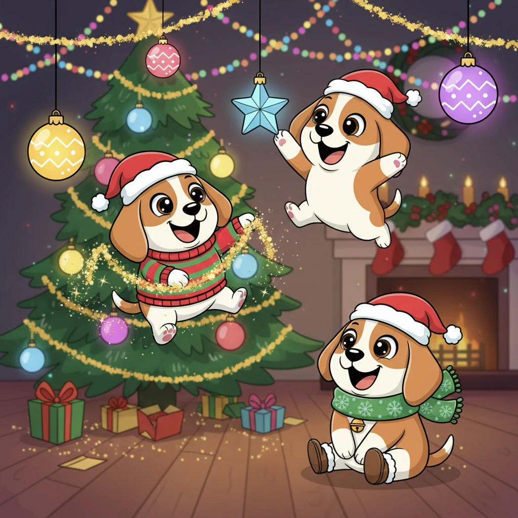 Every night after that, the house transformed into a magical playground. Flocon and Grelot would slide down the sparkly garlands and leap from one colorful ornament to another, giggling all the while. Tara would watch, her tail thumping with excitement, sometimes joining in the playful chaos.