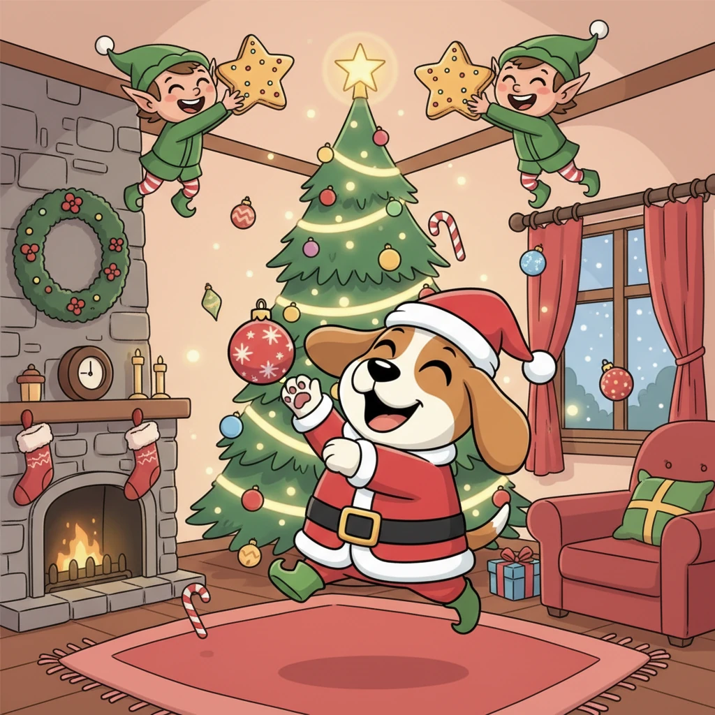Their favorite game was "Magic Tree Chase," where Tara had to gently catch falling decorations before they touched the floor. Each successful catch earned her another delicious, magical biscuit from the elves. The living room echoed with happy yips and joyful elf laughter as they played.