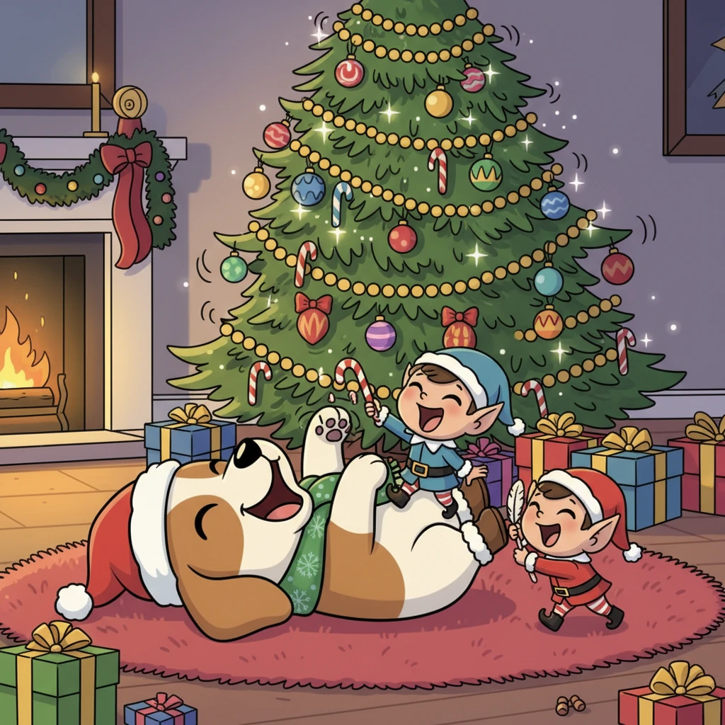 They also loved playing hide-and-seek among the presents, having thrilling races around the furniture, and engaging in tickle fights on Tara's soft paws. Their laughter grew so loud and boisterous that the entire Christmas tree would tremble with their joyful energy. Yet, before the first hint of dawn, every decoration was perfectly back in place, and the elves were nowhere to be seen.