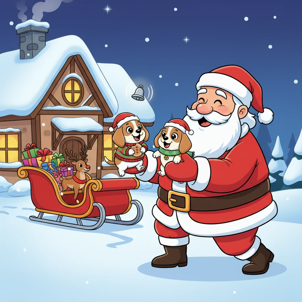 On Christmas Eve, a tiny, silvery bell chimed softly, signaling a very special arrival. Santa Claus himself appeared, his jolly face beaming, ready to collect his two little helpers. Flocon and Grelot knew it was time for them to return to the North Pole.