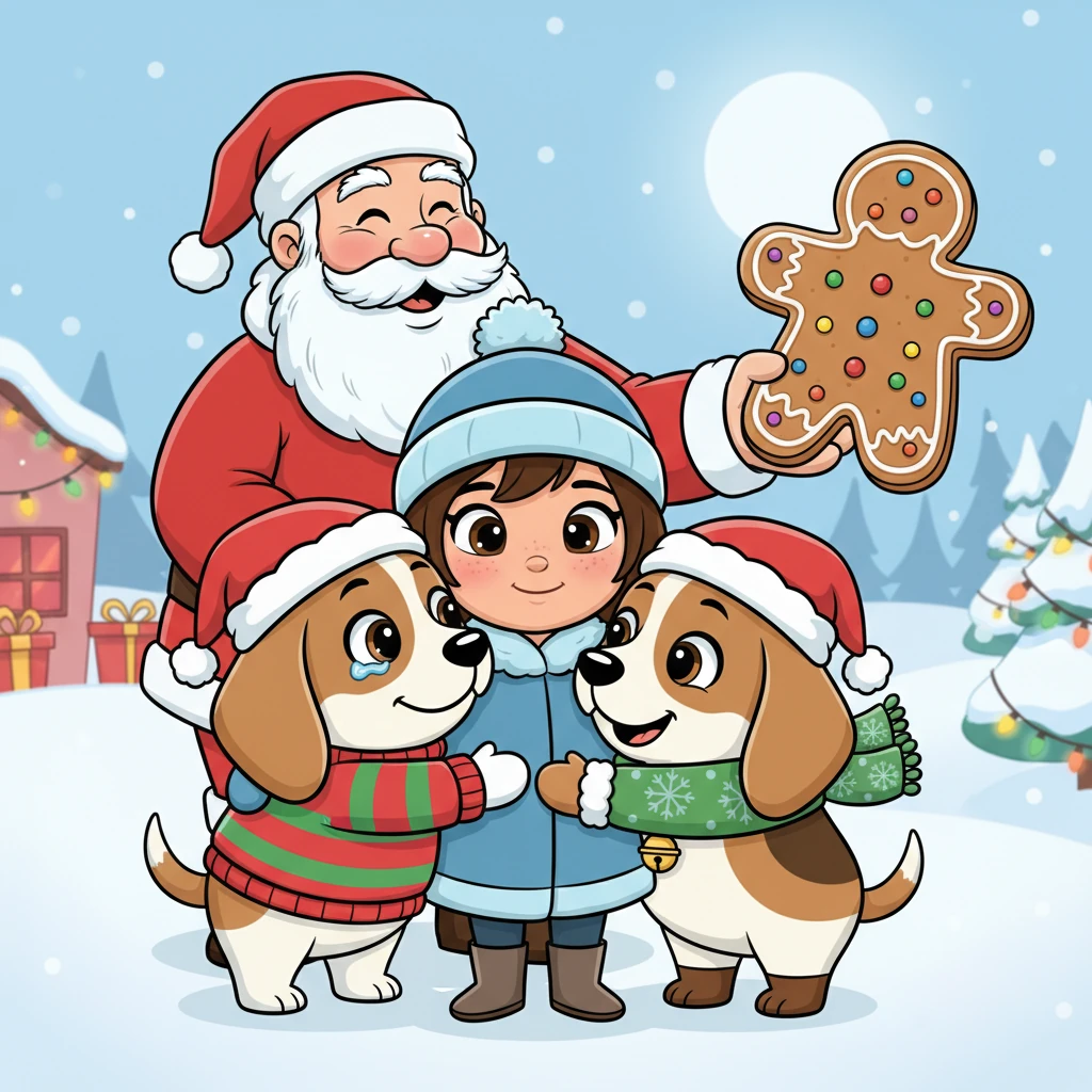 With a mix of sadness and warmth, Flocon and Grelot gave Tara the biggest, most heartfelt hug they could manage. They whispered promises of returning next year, their eyes sparkling with anticipation of future adventures. Santa, seeing their beautiful bond, presented Tara with the largest, most magnificent magic biscuit she had ever seen.