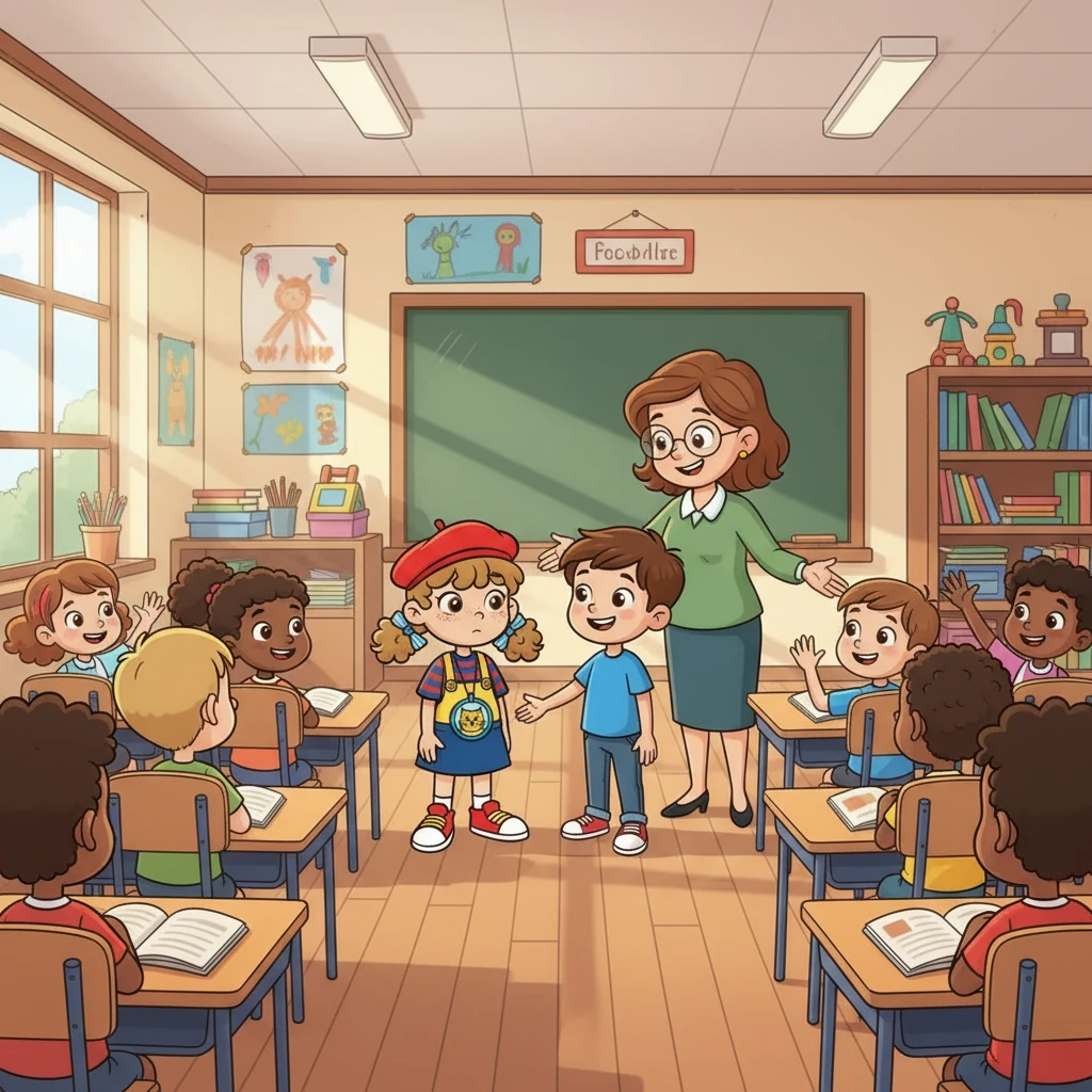 Nour, une nouvelle élève, arrive à l'école. Elle est un peu timide, mais Léo, un camarade, lui sourit et l'accueille chaleureusement. Madame Dupont, la maîtresse, souhaite la bienvenue à Nour devant toute la classe. Tout le monde est excité par cette nouvelle rentrée.