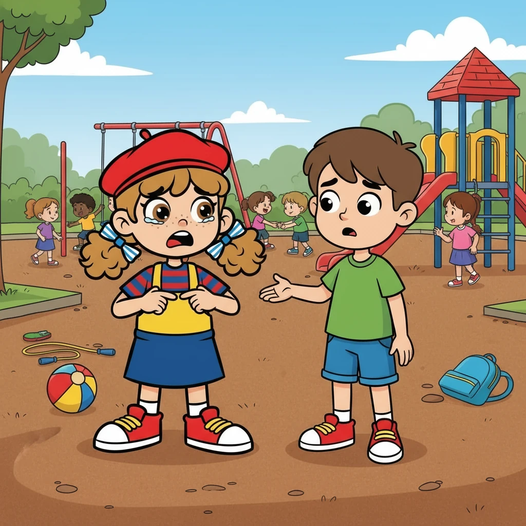 Pendant la récréation, Nour découvre que son badge, où sont inscrits son prénom, son âge, sa ville et ses langues, a disparu ! Elle est très inquiète. Léo propose immédiatement de l'aider à le retrouver. Ils se demandent où il a pu tomber.