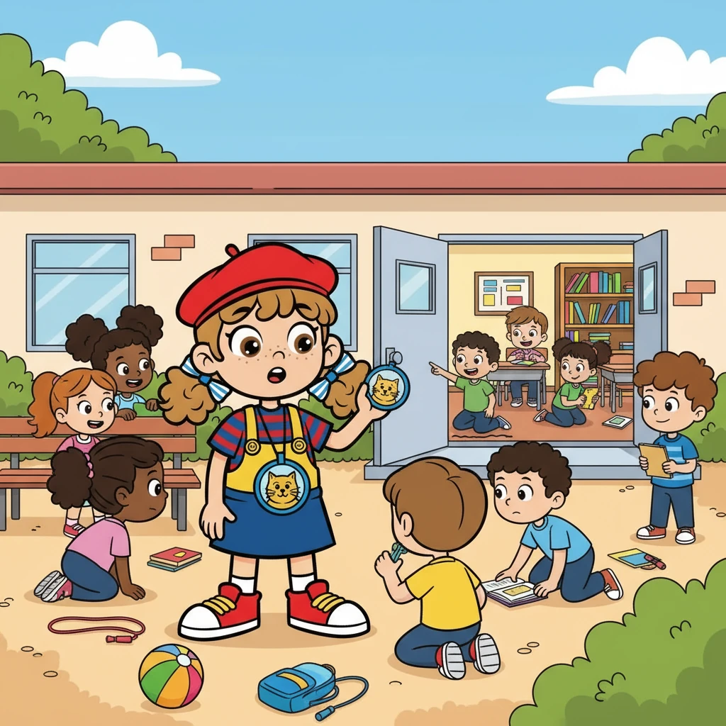 Léo et Nour commencent leur enquête. Ils interrogent leurs camarades : "Avez-vous vu ce badge ? Il est de couleur bleue." Les élèves cherchent attentivement dans la cour et dans la classe. Ils décrivent les autres élèves pour aider à la recherche.