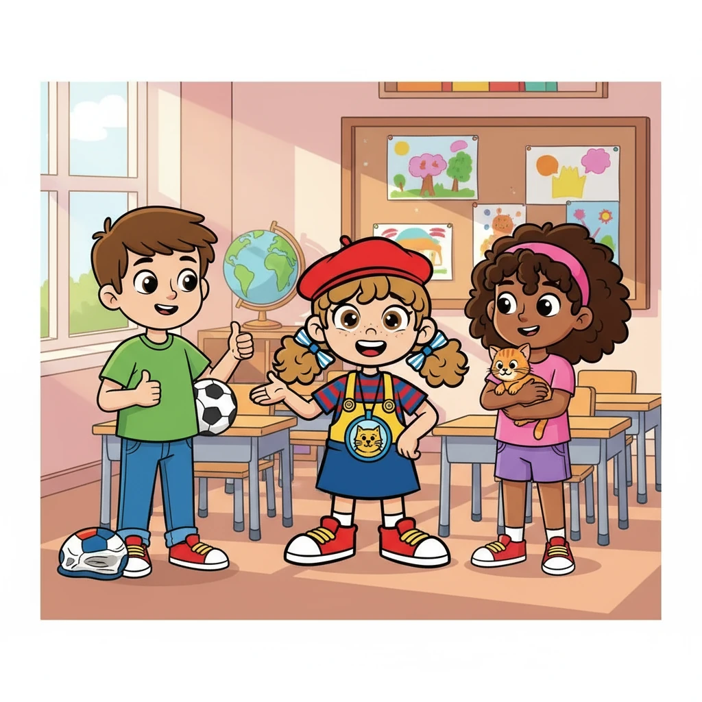 Les enfants présentent les uns les autres. "Il y a Thomas, il aime le foot et parle anglais !" dit Léo. "Et voici Léa, elle adore les chats et parle espagnol !" répond Nour. Chacun aide à décrire les camarades de classe.