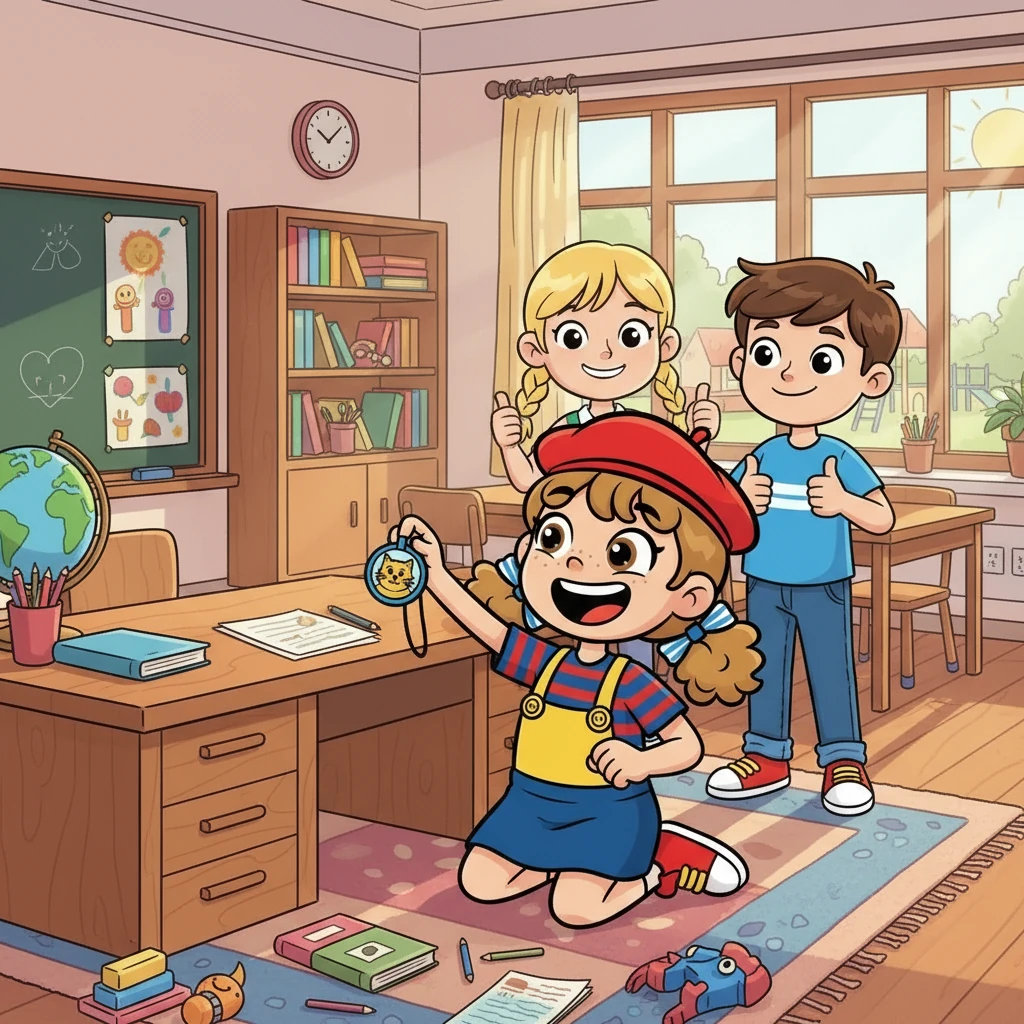 Finalement, après avoir cherché partout, ils retrouvent le badge ! Il était tombé près du bureau de Madame Dupont. Nour est soulagée et heureuse. Les enfants sont fiers de leur travail d'équipe.