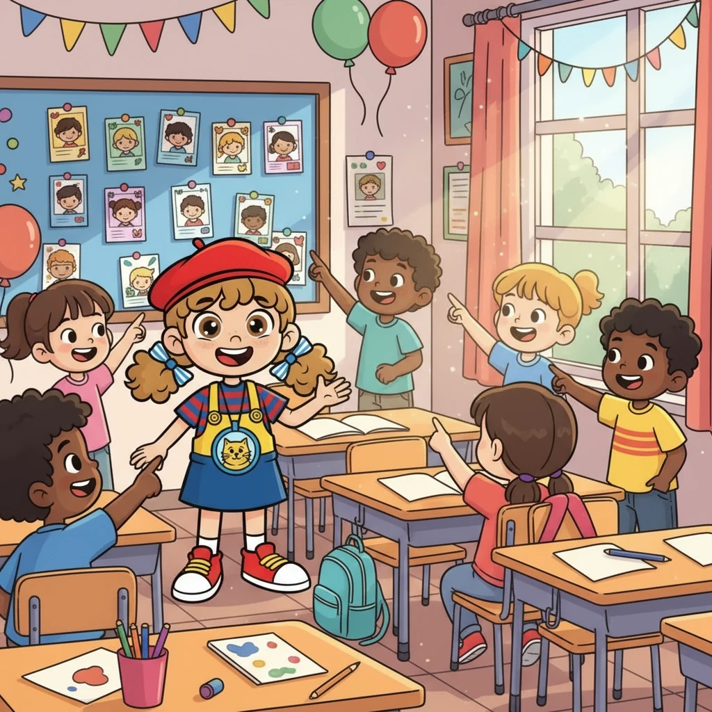 La classe célèbre la réussite de l'enquête. Les cartes d'identité des élèves sont affichées au mur. Nour se sent désormais intégrée et heureuse dans sa nouvelle école. Une belle journée de rentrée, pleine d'amitié et de découvertes !