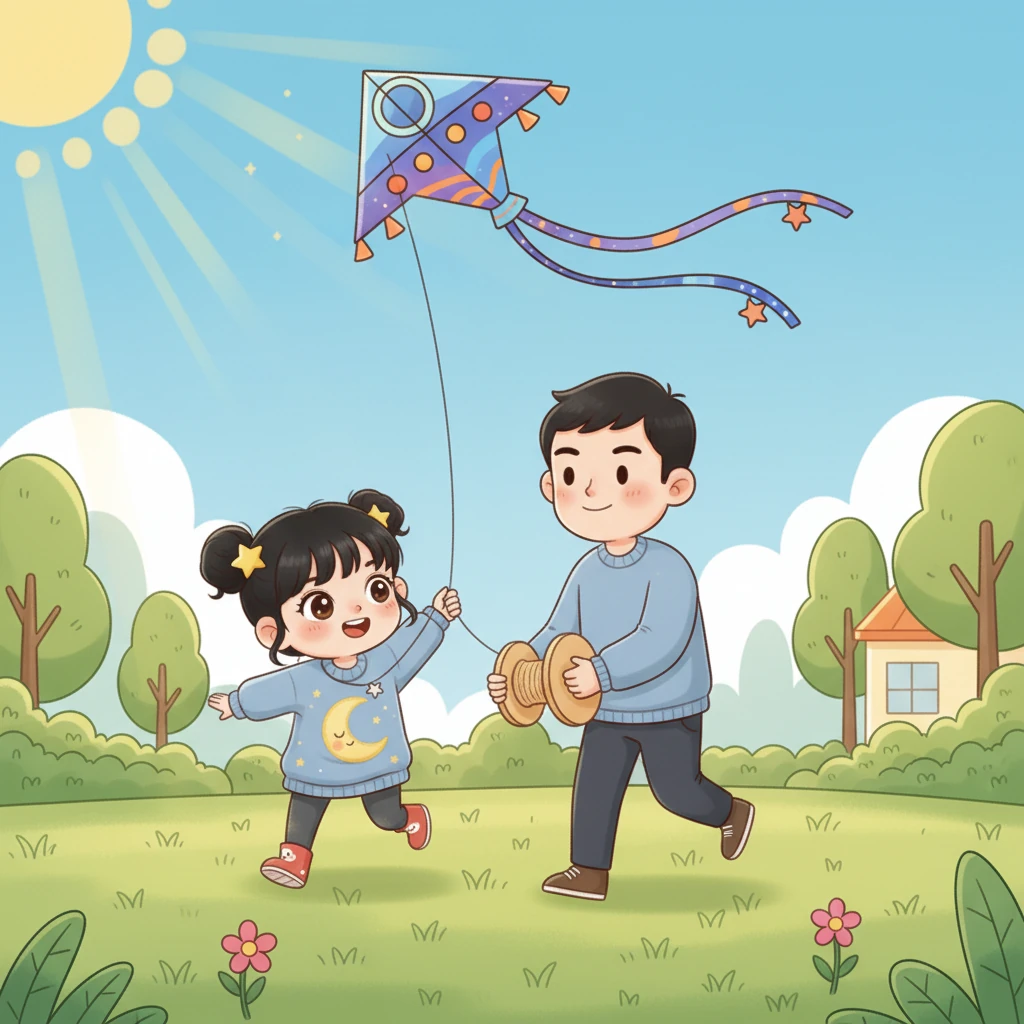 在爸爸的家里,小星星和爸爸一起探索神奇的宇宙,在草地上放飞风筝。爸爸的家充满了冒险和发现。